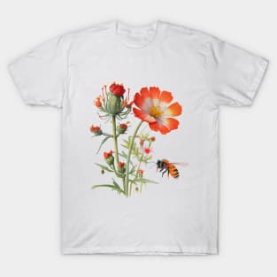 Watercolor of orange and red wildflowers and single bumble bee T-Shirt